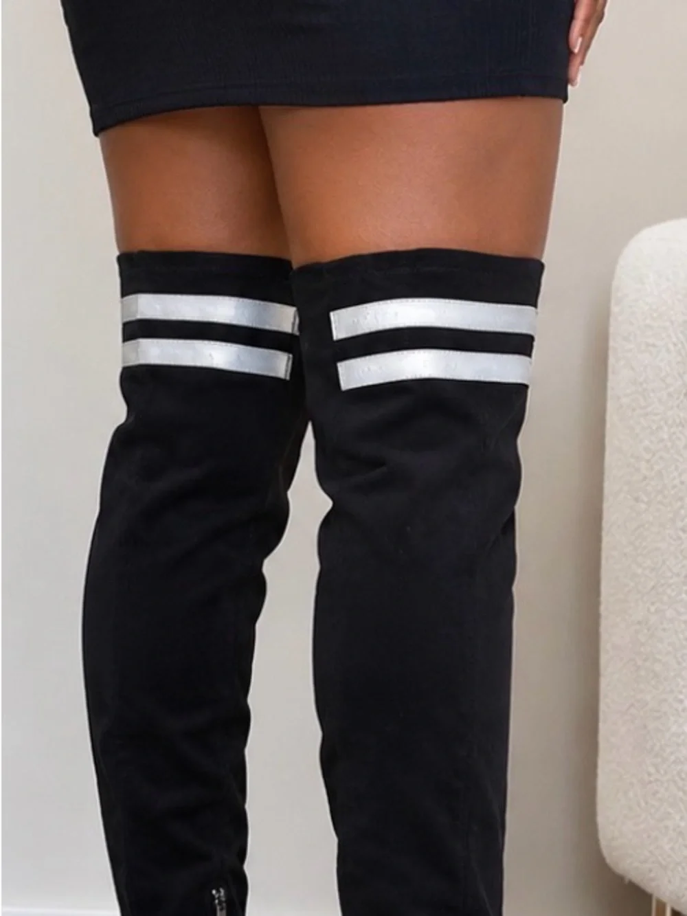 Lust For life Over-the-Knee Black Fabric Block Heel Boots white Stripes SZ9M